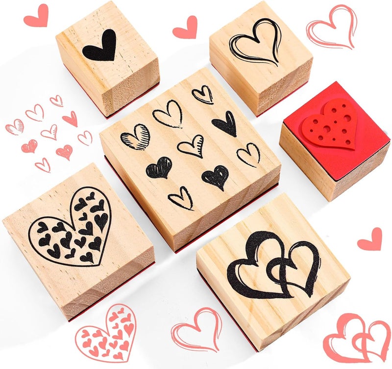 Watersay 6 Pcs Valentine Rubber Stamp Set Happy Valentine Day Wooden Rubber Stamp Vintage Art Print for Crafting Love Heart Pattern and DIY Scrapbooking Card Making Hand Book (Patter) - Image 1